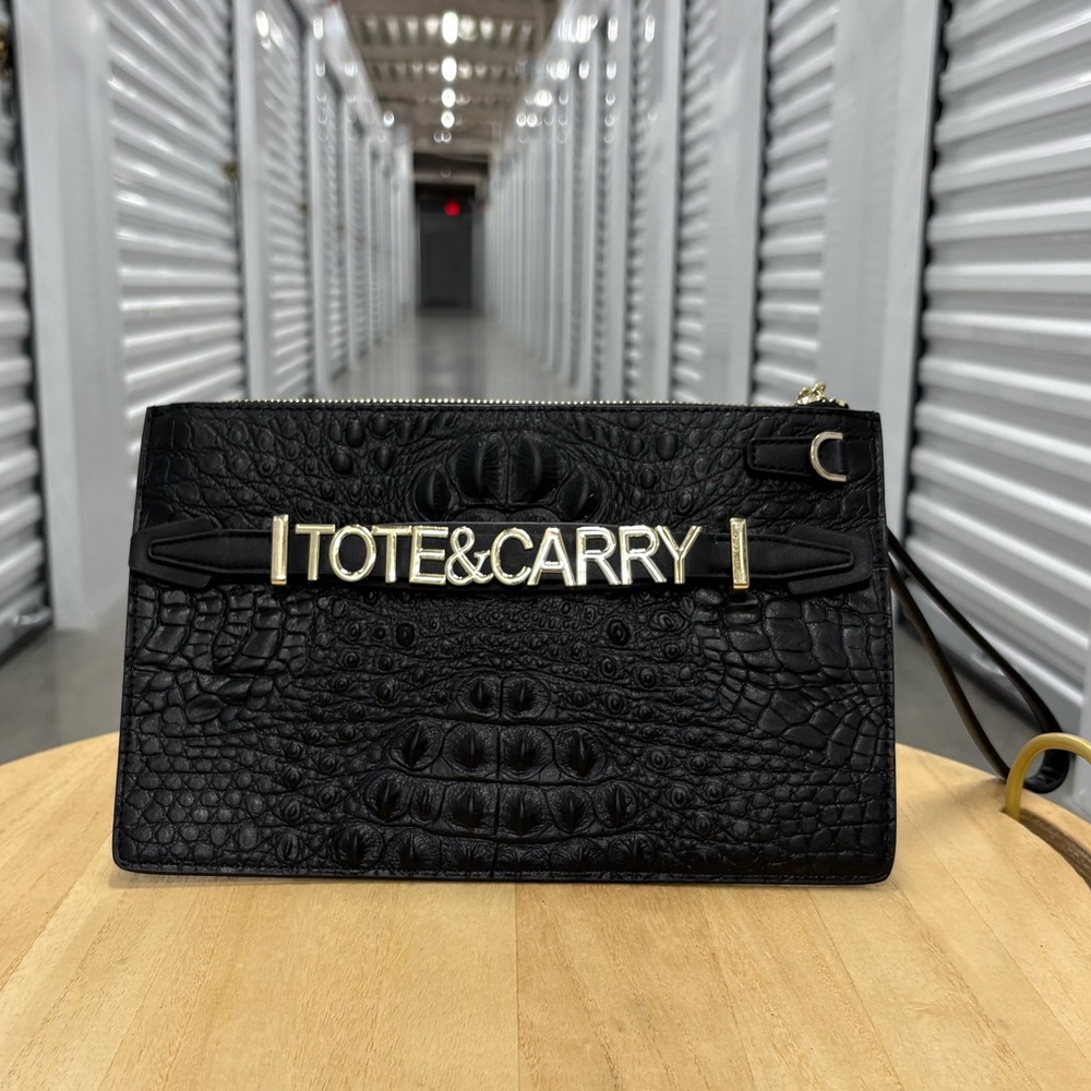 Tote and Carry Black Crocodile Embossed Clutch